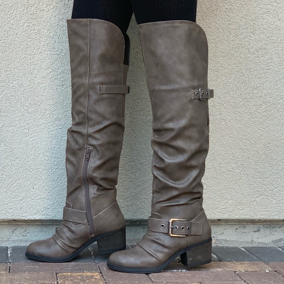 NIB Taupe Over The Knee Ruched Buckle Riding Boots - Picture 6 of 8